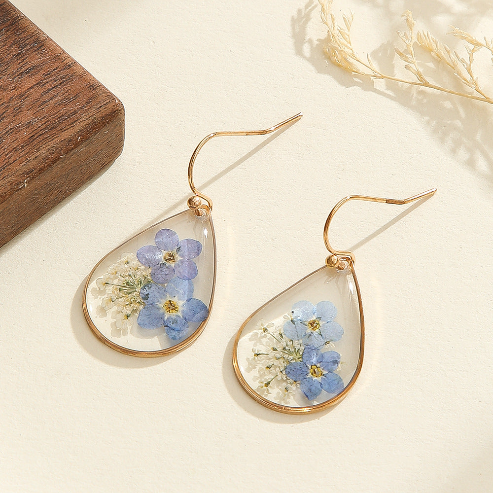 Wholesale transparent camellia dried flower water drop flower earrings
